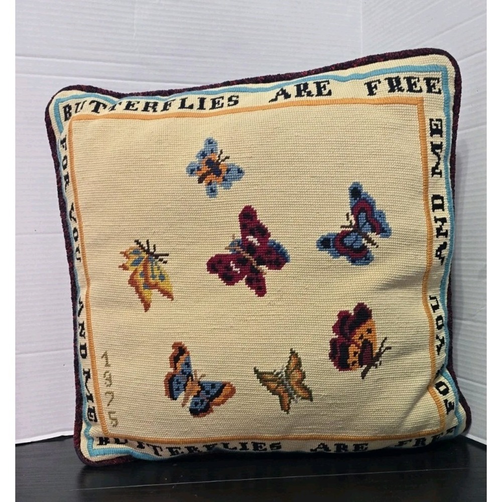 Handcrafted 1975 Butterfly Needlepoint Pillow Large "Butterflies Are Free" VTG